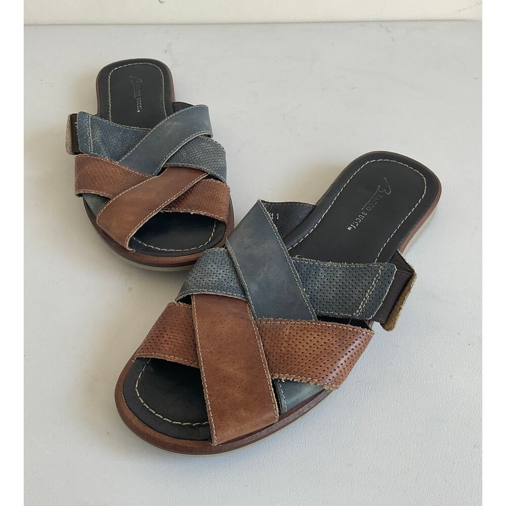 Bacco Bucci Men's Crossover Leather Slides Sandals Open-Toe Blue Brown  Italy